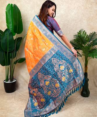 orange banarasi silk saree with zari woven work 3