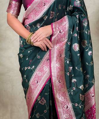 green banarasi silk saree with zari floral motifs 5