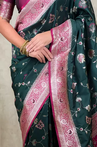 green banarasi silk saree with zari floral motifs