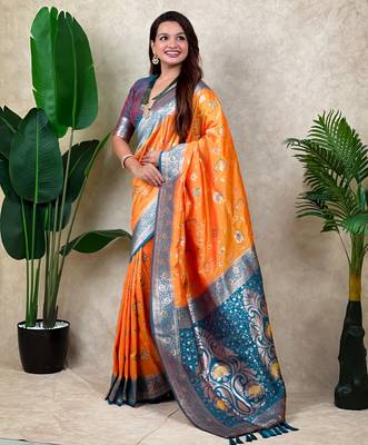 orange banarasi silk saree with zari woven work 4