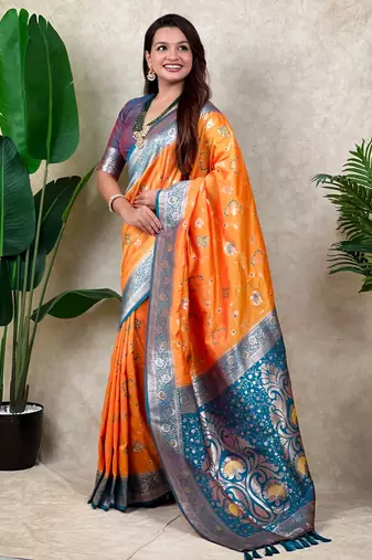 orange banarasi silk saree with zari woven work