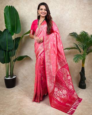 pink banarasi silk saree with zari floral motifs 1