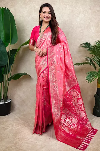Pink banarasi silk zari woven saree with contrast blouse piece