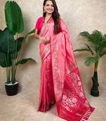 pink banarasi silk saree with zari floral motifs