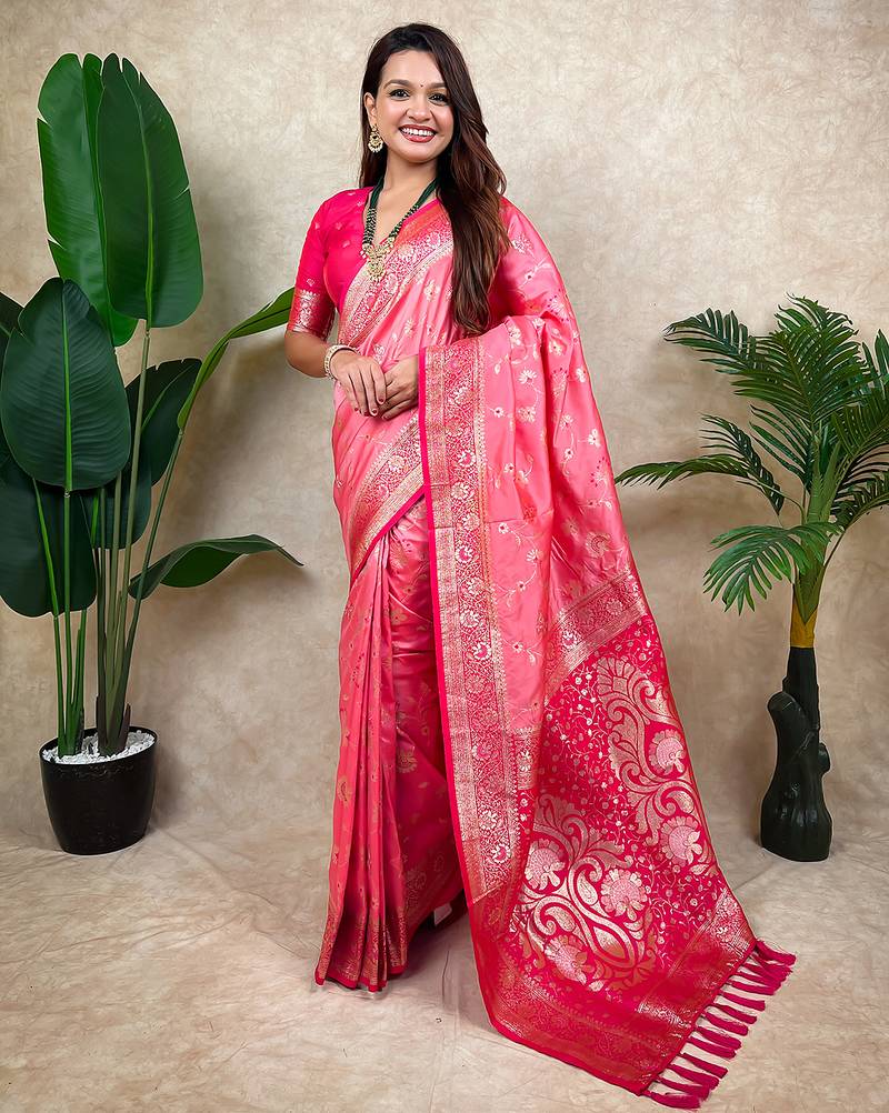 Pink banarasi silk zari woven saree with contrast blouse piece
