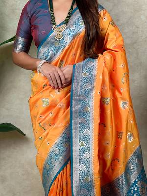 orange banarasi silk saree with zari woven work 5