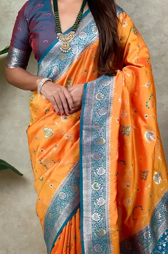 orange banarasi silk saree with zari woven work
