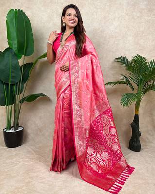 pink banarasi silk saree with zari floral motifs 2