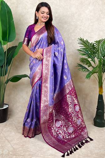 Lavender banarasi silk zari woven saree with contrast blouse piece