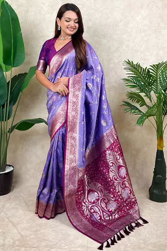 Lavender banarasi silk zari woven saree with contrast blouse piece