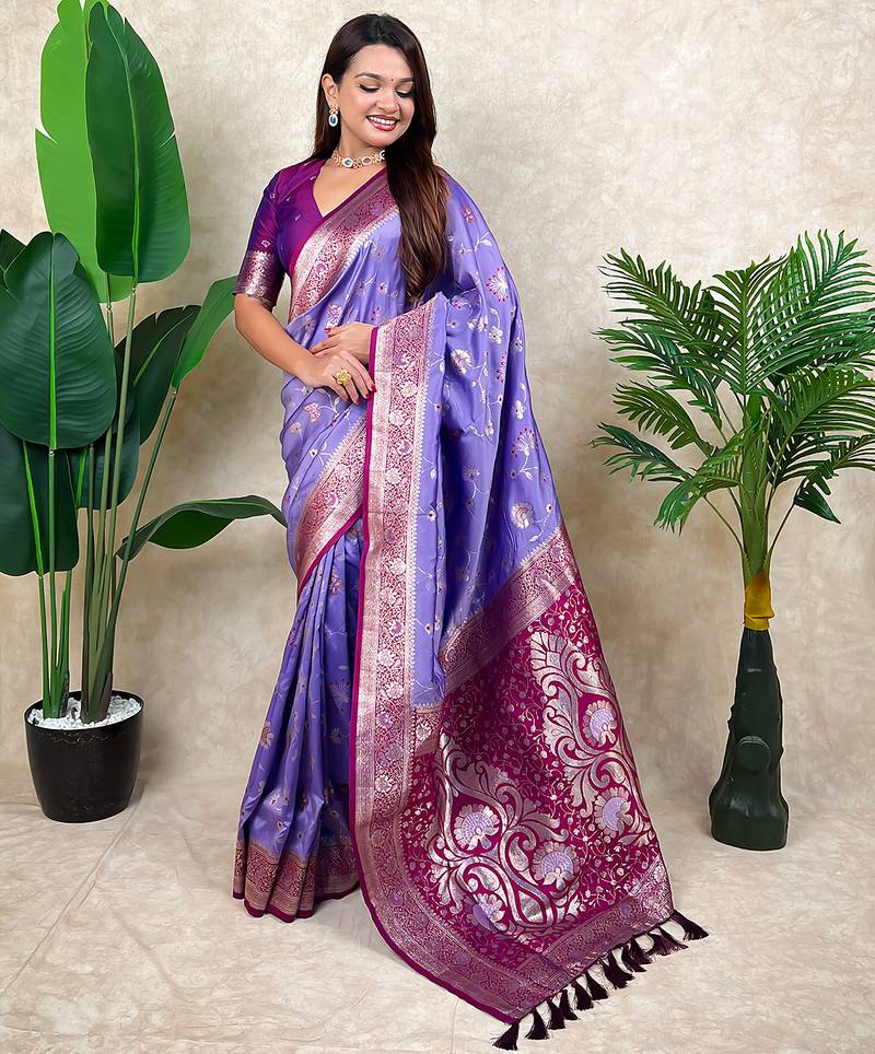 Lavender banarasi silk zari woven saree with contrast blouse piece