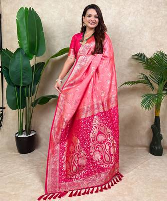 pink banarasi silk saree with zari floral motifs 3