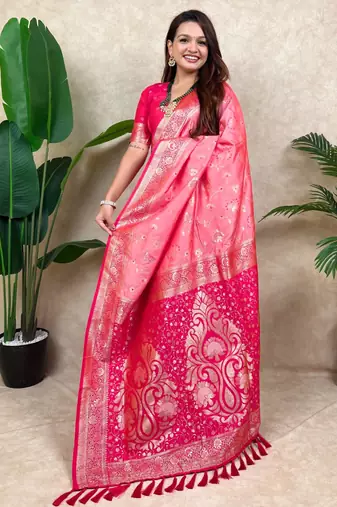 pink banarasi silk saree with zari floral motifs