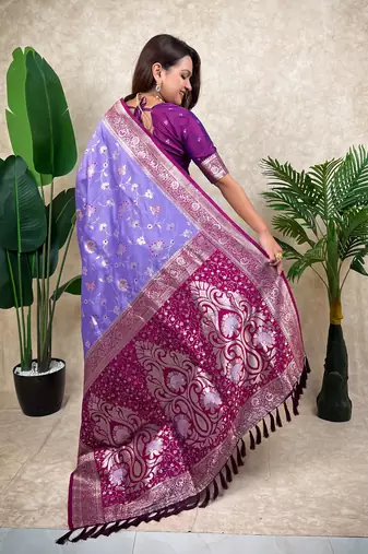 lavender banarasi silk saree with zari meenakari work