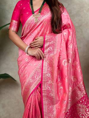 pink banarasi silk saree with zari floral motifs 5