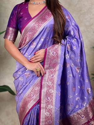 lavender banarasi silk saree with zari meenakari work 4