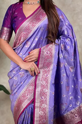 lavender banarasi silk saree with zari meenakari work