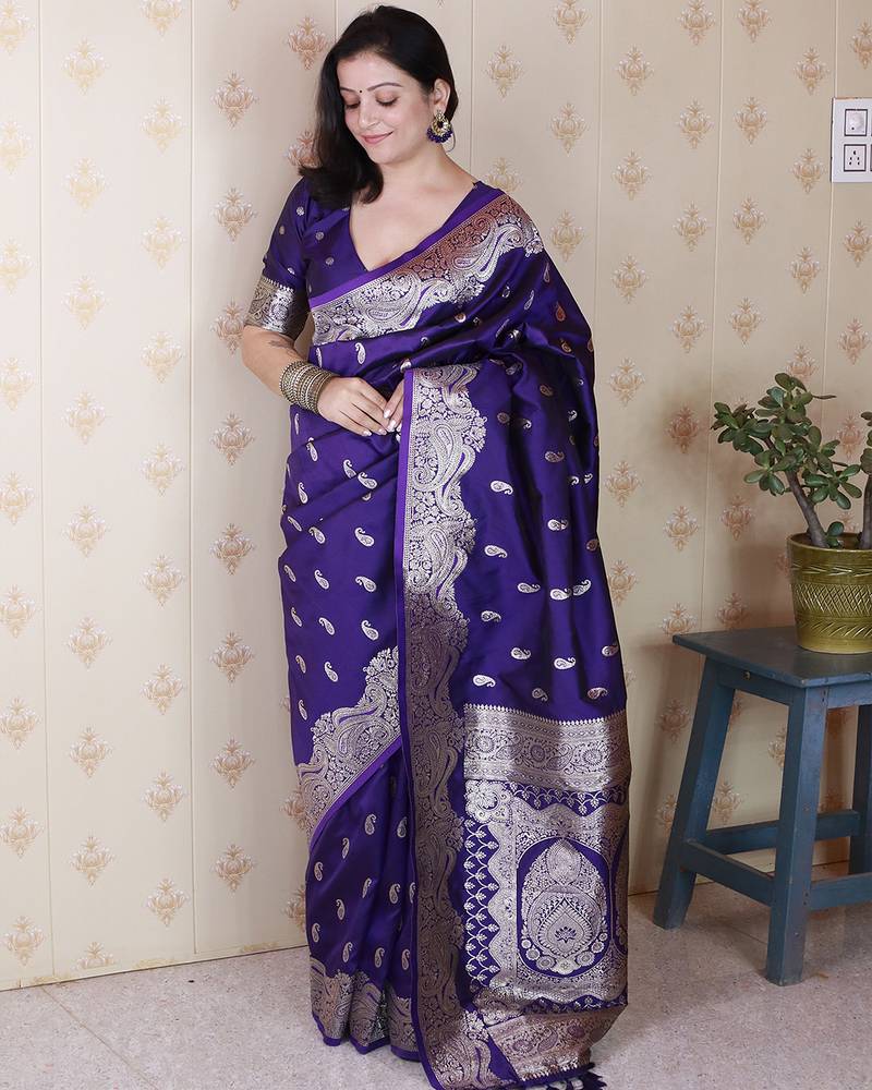 Violet banarasi silk zari woven saree with matching blouse piece