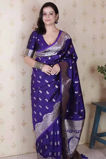 Violet banarasi silk zari woven saree with matching blouse piece