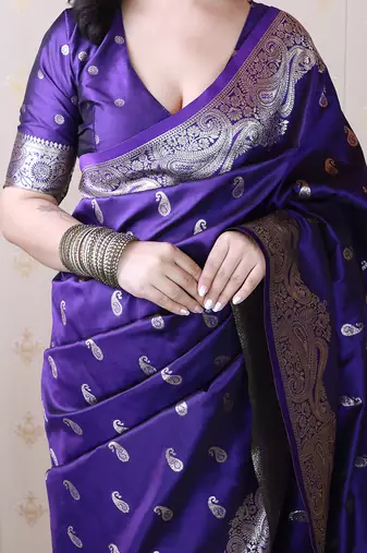 Violet banarasi silk zari woven saree with matching blouse piece
