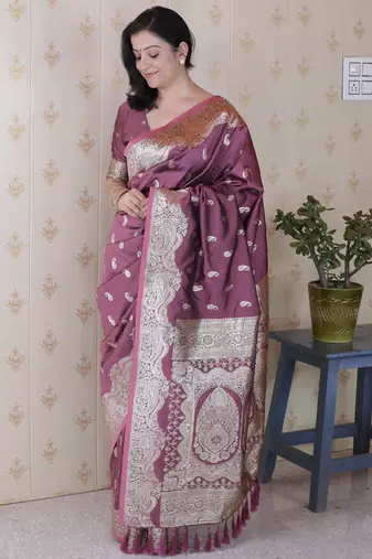 Mauve pink banarasi silk zari woven saree with matching blouse piece