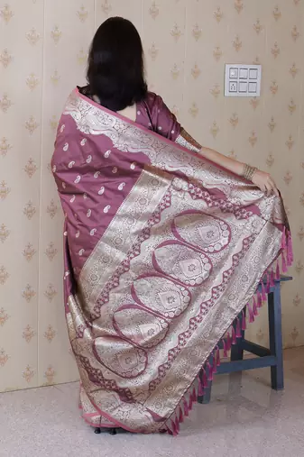 Mauve pink banarasi silk zari woven saree with matching blouse piece