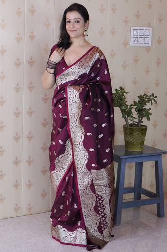 Wine banarasi silk zari woven saree with matching blouse piece