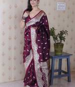 Wine banarasi silk zari woven saree with matching blouse piece