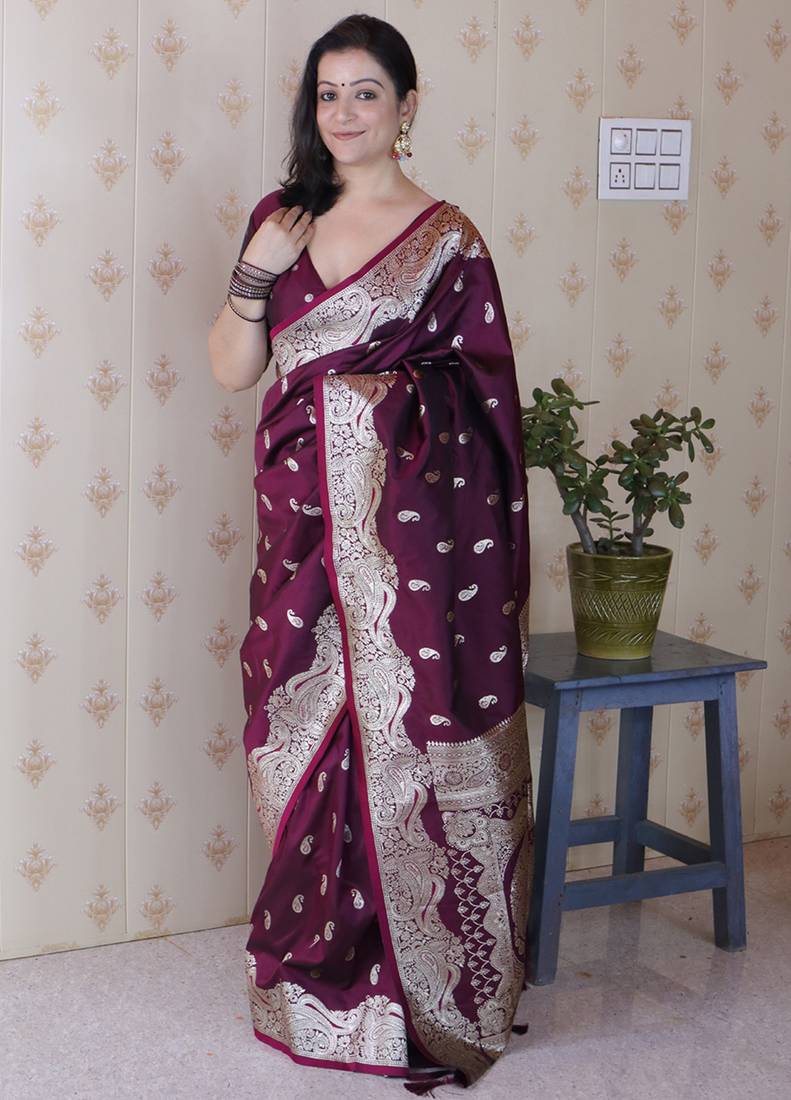 Wine banarasi silk zari woven saree with matching blouse piece