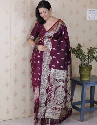 Wine banarasi silk zari woven saree with matching blouse piece 2