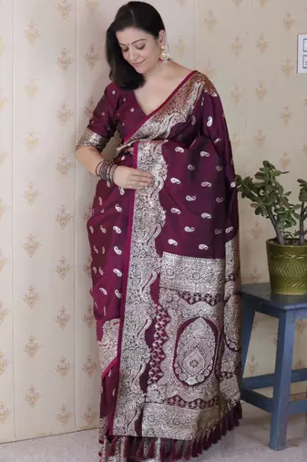 Wine banarasi silk zari woven saree with matching blouse piece