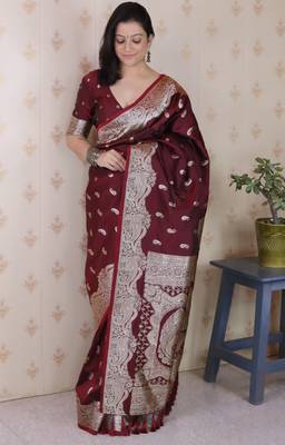 Maroon banarasi silk zari woven saree with matching blouse piece 1