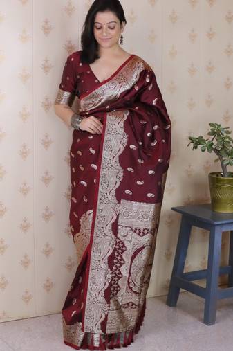 Maroon banarasi silk zari woven saree with matching blouse piece