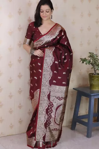 Maroon banarasi silk zari woven saree with matching blouse piece