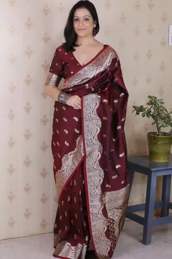 Maroon banarasi silk zari woven saree with matching blouse piece