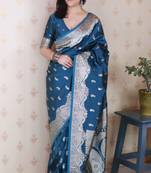 Teal banarasi silk zari woven saree with matching blouse piece