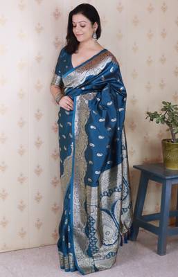 Teal banarasi silk zari woven saree with matching blouse piece 2