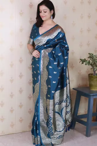 Teal banarasi silk zari woven saree with matching blouse piece