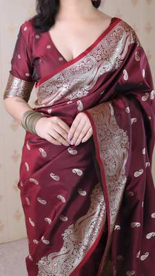 Maroon banarasi silk zari woven saree with matching blouse piece 4