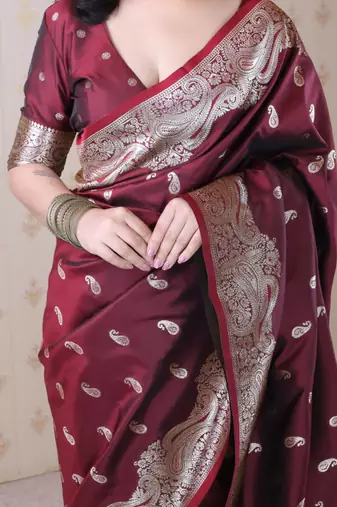Maroon banarasi silk zari woven saree with matching blouse piece