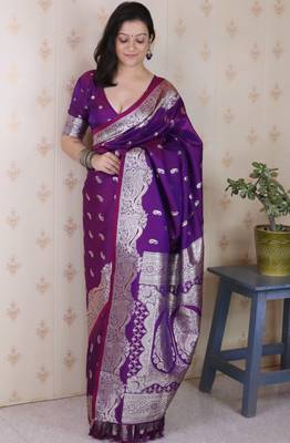 Purple banarasi silk zari woven saree with matching blouse piece 1