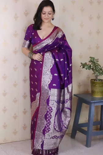 Purple banarasi silk zari woven saree with matching blouse piece