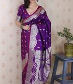 Purple banarasi silk zari woven saree with matching blouse piece