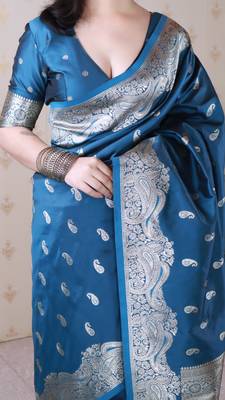 Teal banarasi silk zari woven saree with matching blouse piece 4