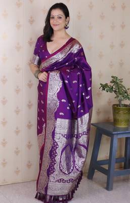 Purple banarasi silk zari woven saree with matching blouse piece 2