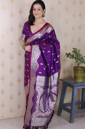 Purple banarasi silk zari woven saree with matching blouse piece