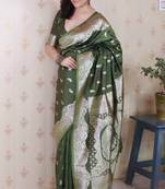Green banarasi silk zari woven saree with matching blouse piece