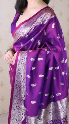 Purple banarasi silk zari woven saree with matching blouse piece 3