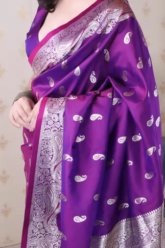 Purple banarasi silk zari woven saree with matching blouse piece
