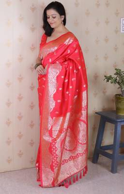 Gajri pink banarasi silk zari woven saree with matching blouse piece 2